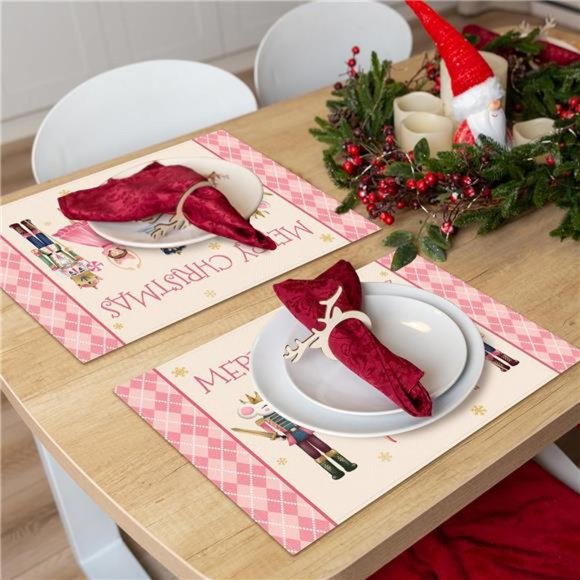 Nutcracker Placemats Christmas Decor Pink Xmas Holiday Table Decorations Set 6 - Picture 5 of 5
